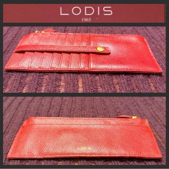 Lodis Red Leather Long Wallet slim Card & Zip Wallet with Gold tone accents - Picture 8 of 9